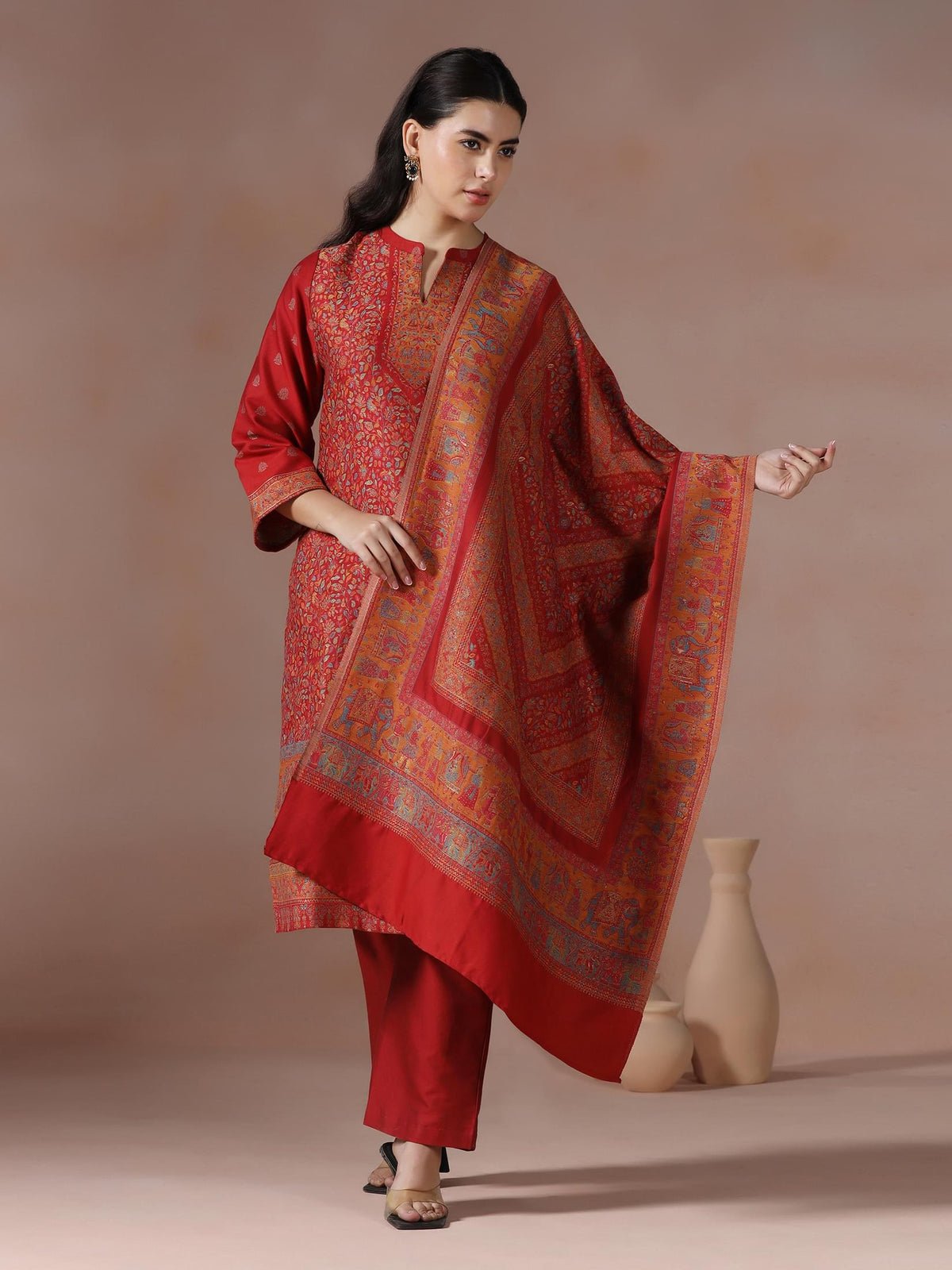 Acrylic Jacquard Red Woven Kurta Comfort Pant Dupatta