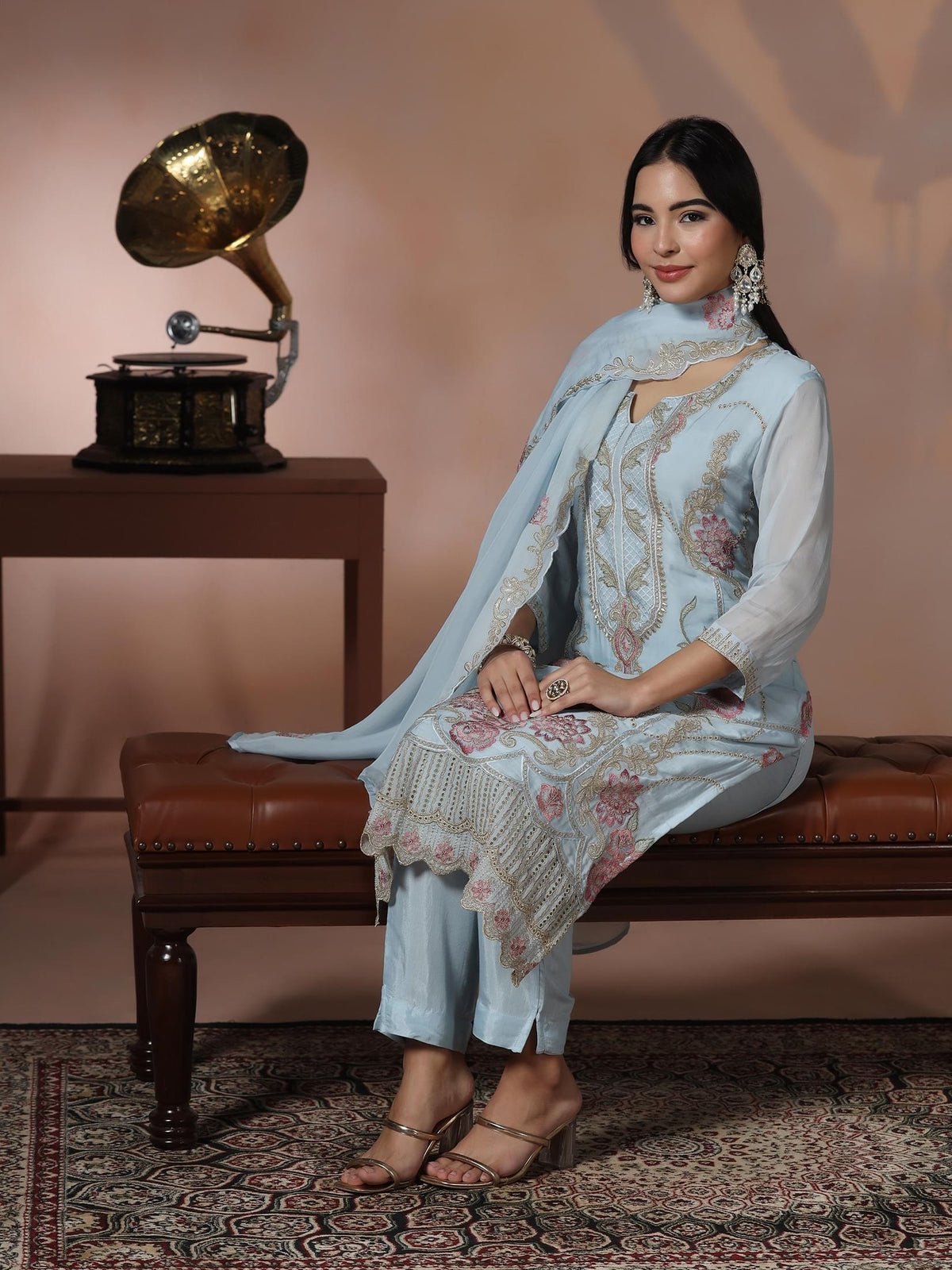 Organza Blue Embroidered Kurta Comfort Pant Dupatta