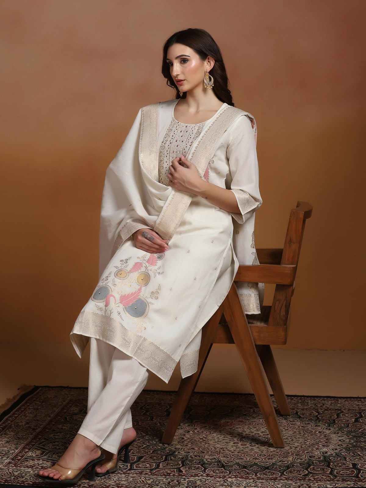 Cotton Jacquard Off White Kurta Comfort Pant With Dupatta