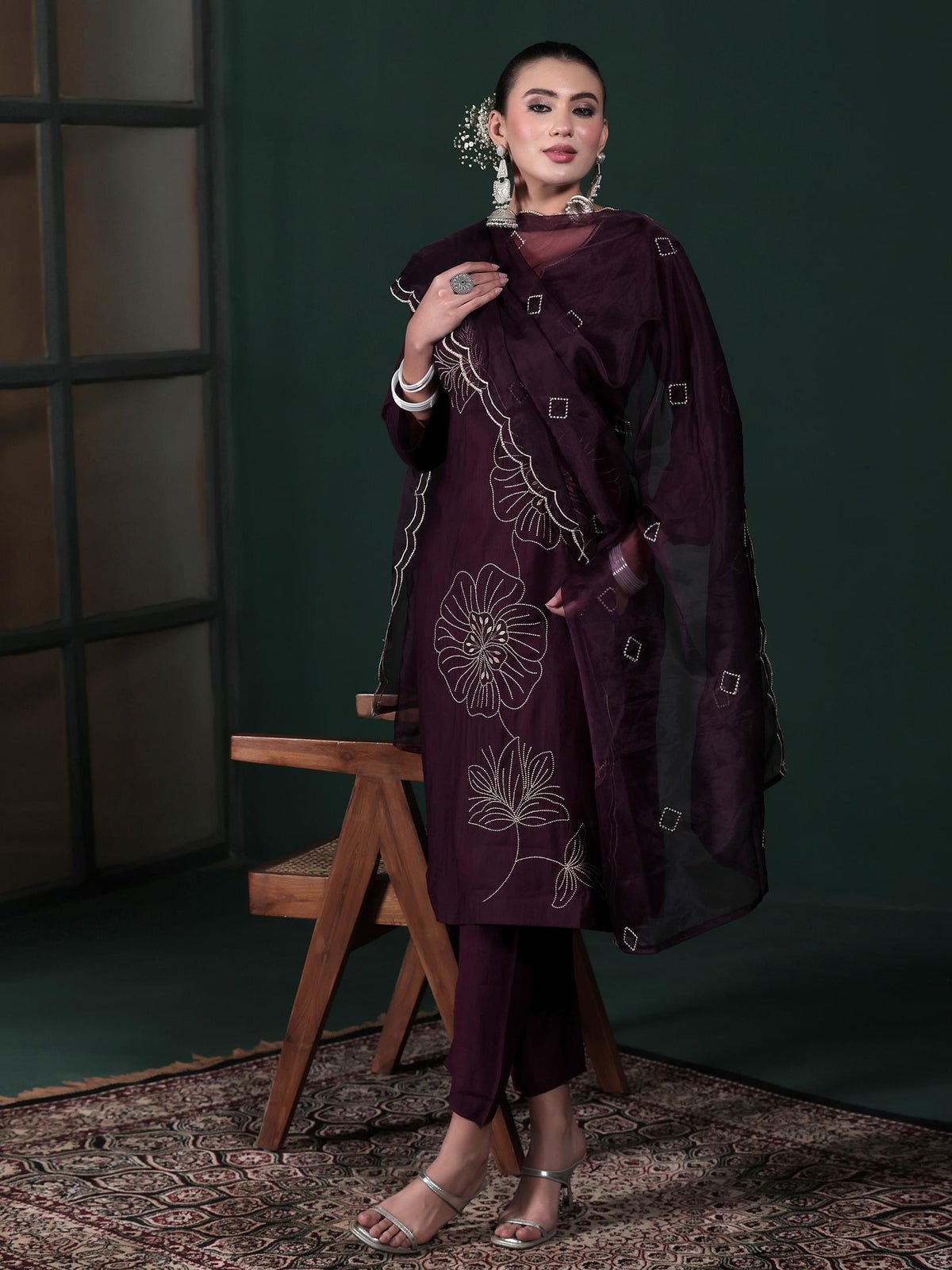Poly Viscose Purple Embroidered Kurta Comfort Pant Dupatta