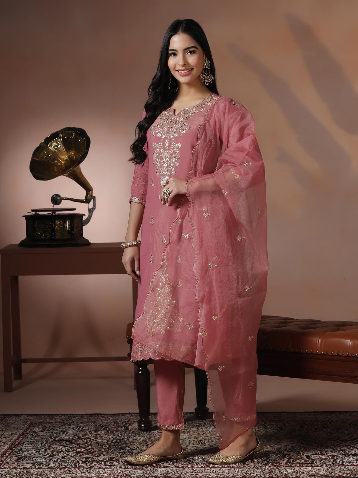 Poly Viscose Pink Embroidered Kurta Comfort Pant Dupatta (Style SIDH-0997)