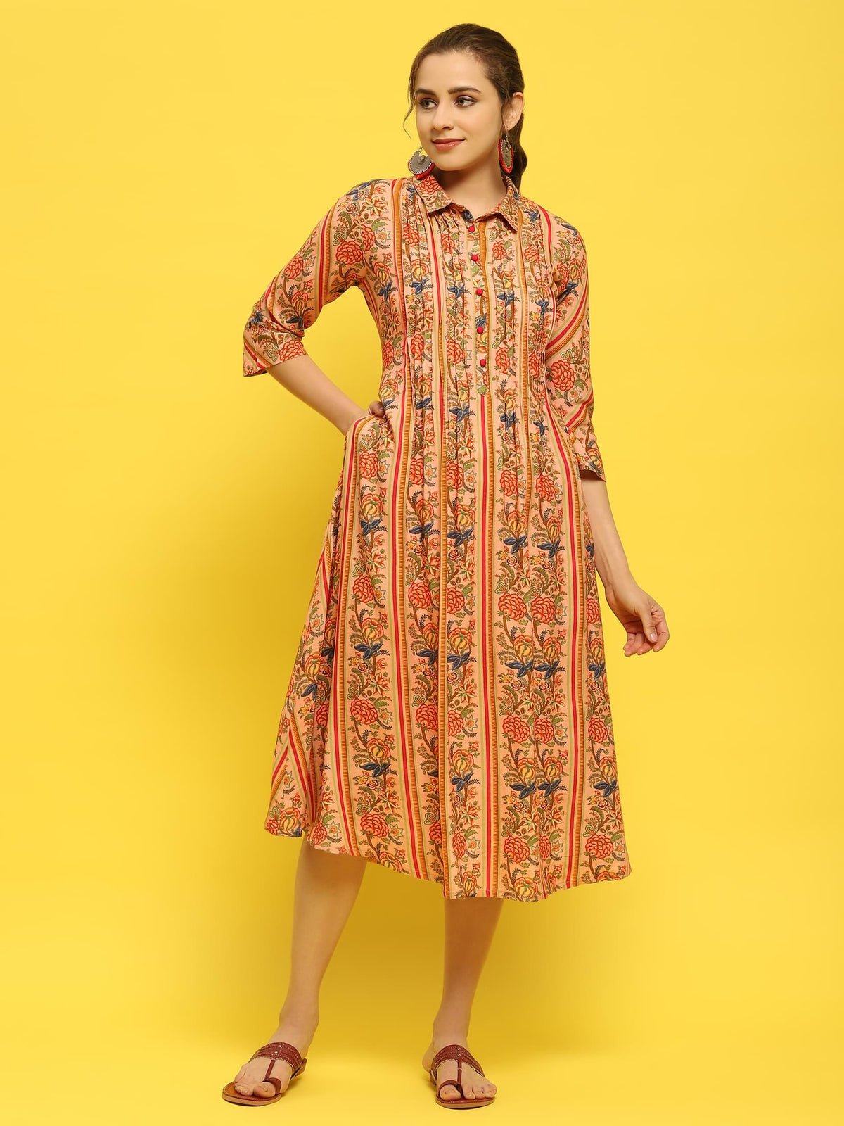 Liva Rayon Peach Floral Print Dress