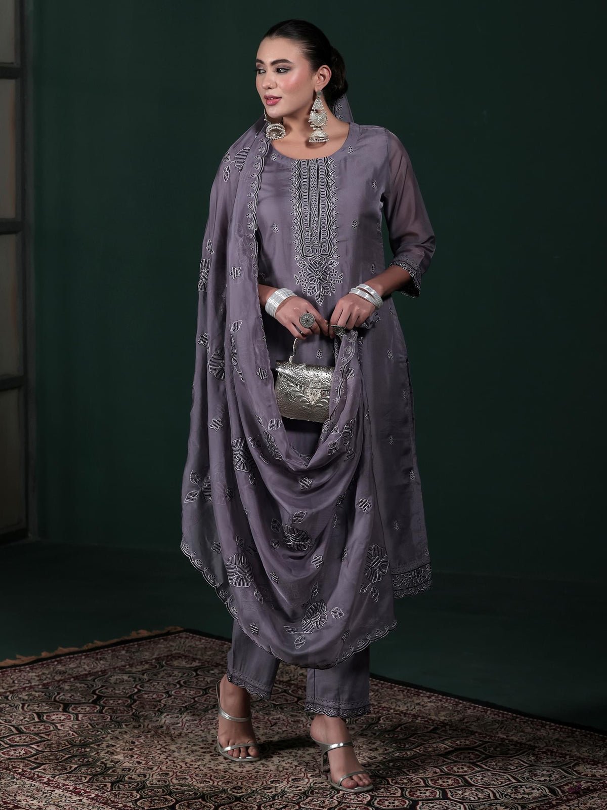 Organza Charcoal Grey Embroidered Kurta Comfort Pant Dupatta
