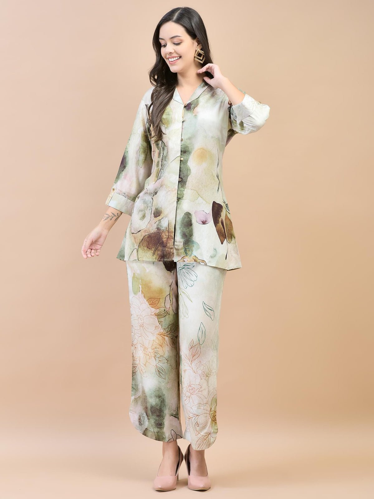 Liva Rayon Green Abstract Print Co-Ord Set