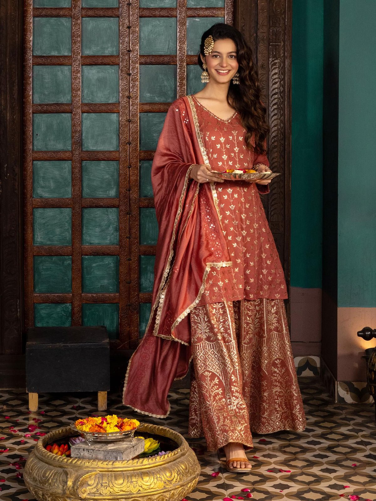 Festive Rust Radiance Georgette Kurta Set With Split Pant Dupatta