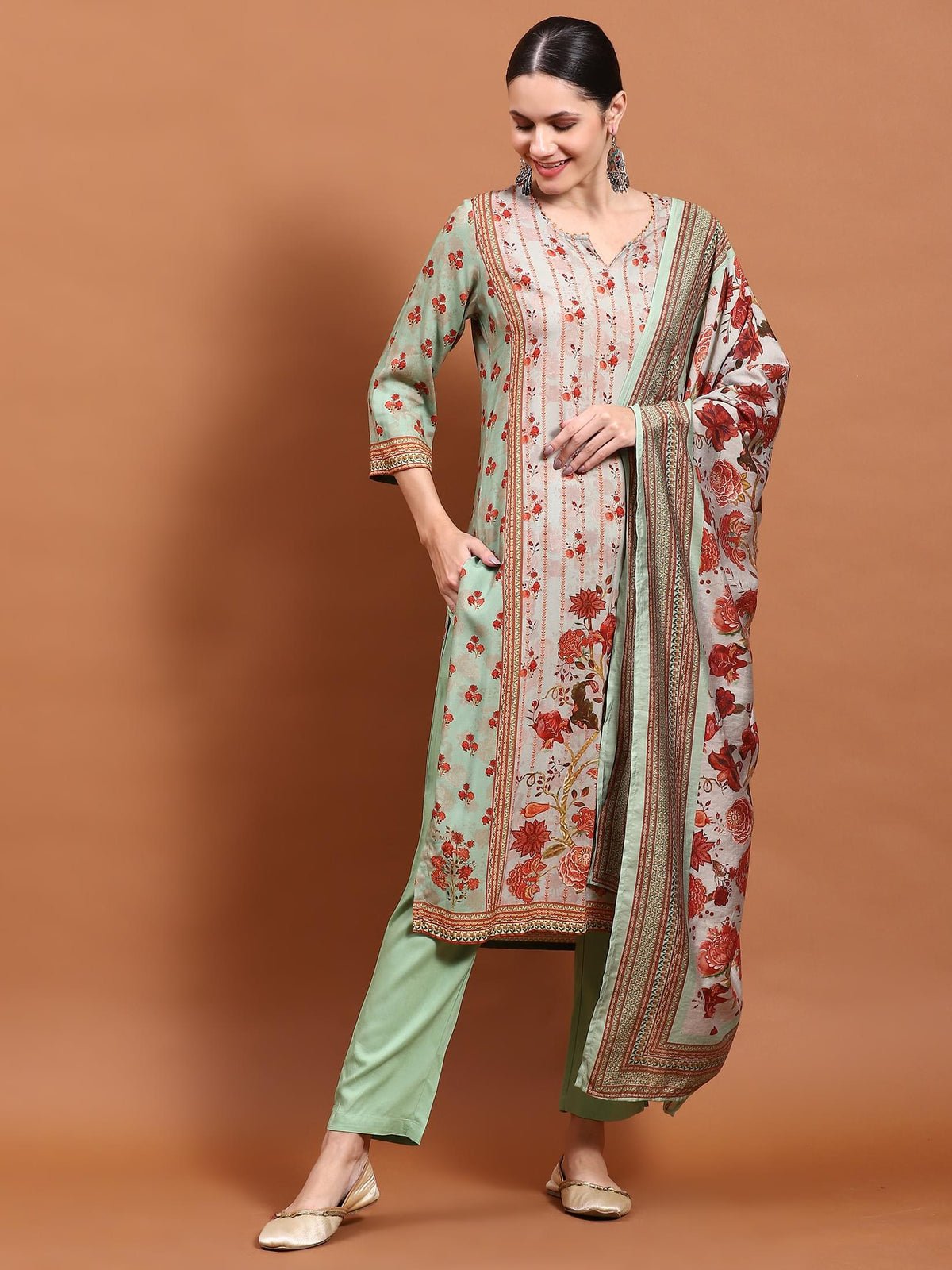 Green Floral Print Kurta Trouser Dupatta
