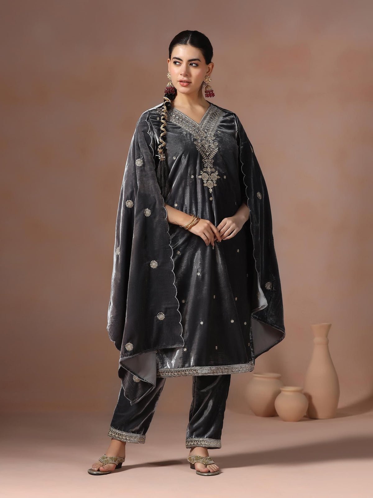 Velvet Grey Embroidered Kurta Comfort Pant Dupatta