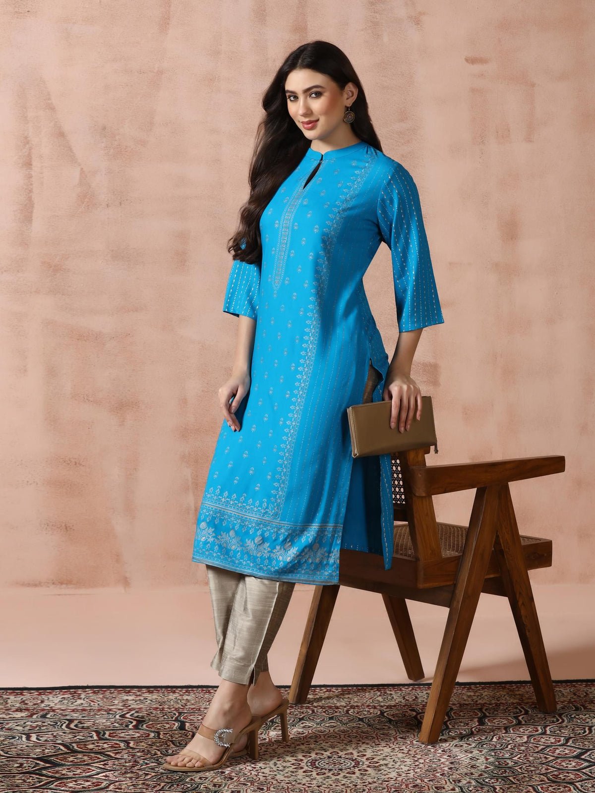 Liva Rayon Blue Placement Print Kurta