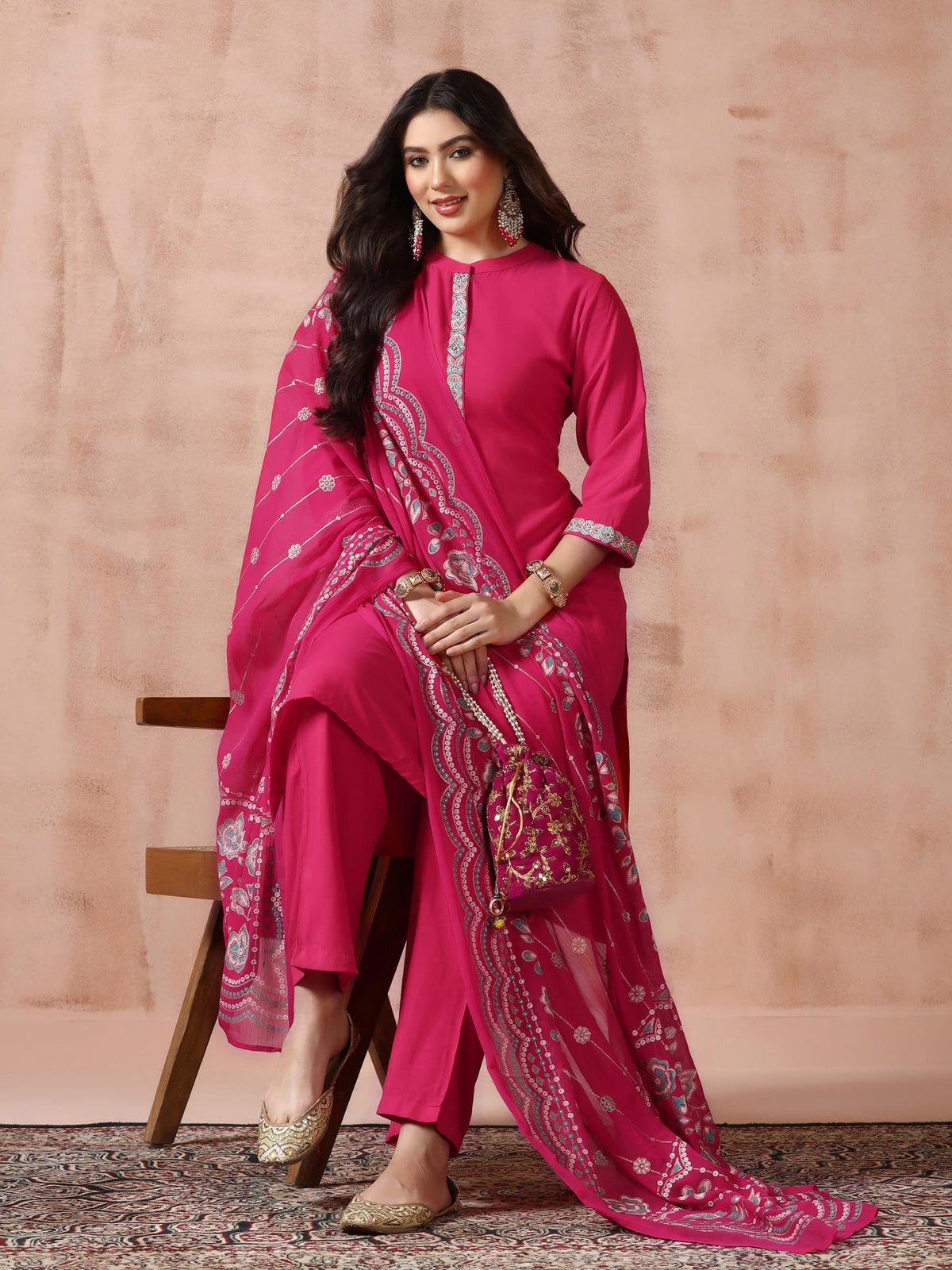Liva Viscose Fuchsia Embroidered Kurta Comfort Pant Dupatta