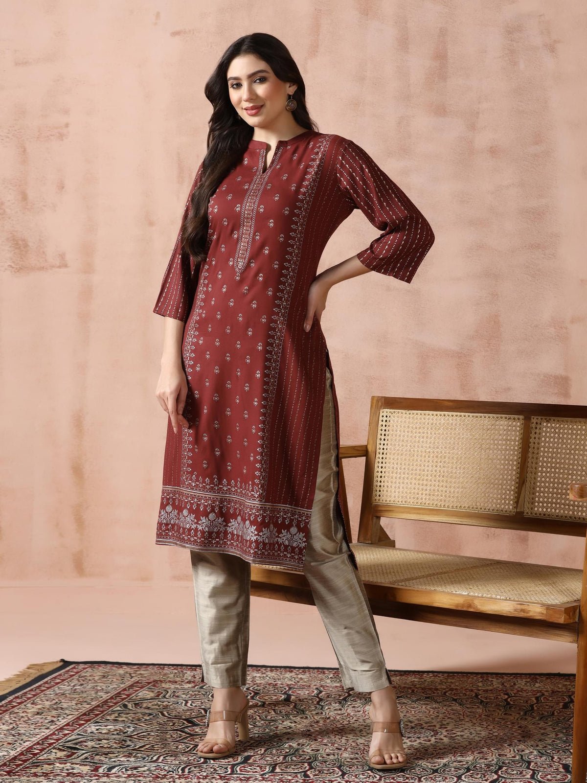 Liva Brown Placement Print Kurta