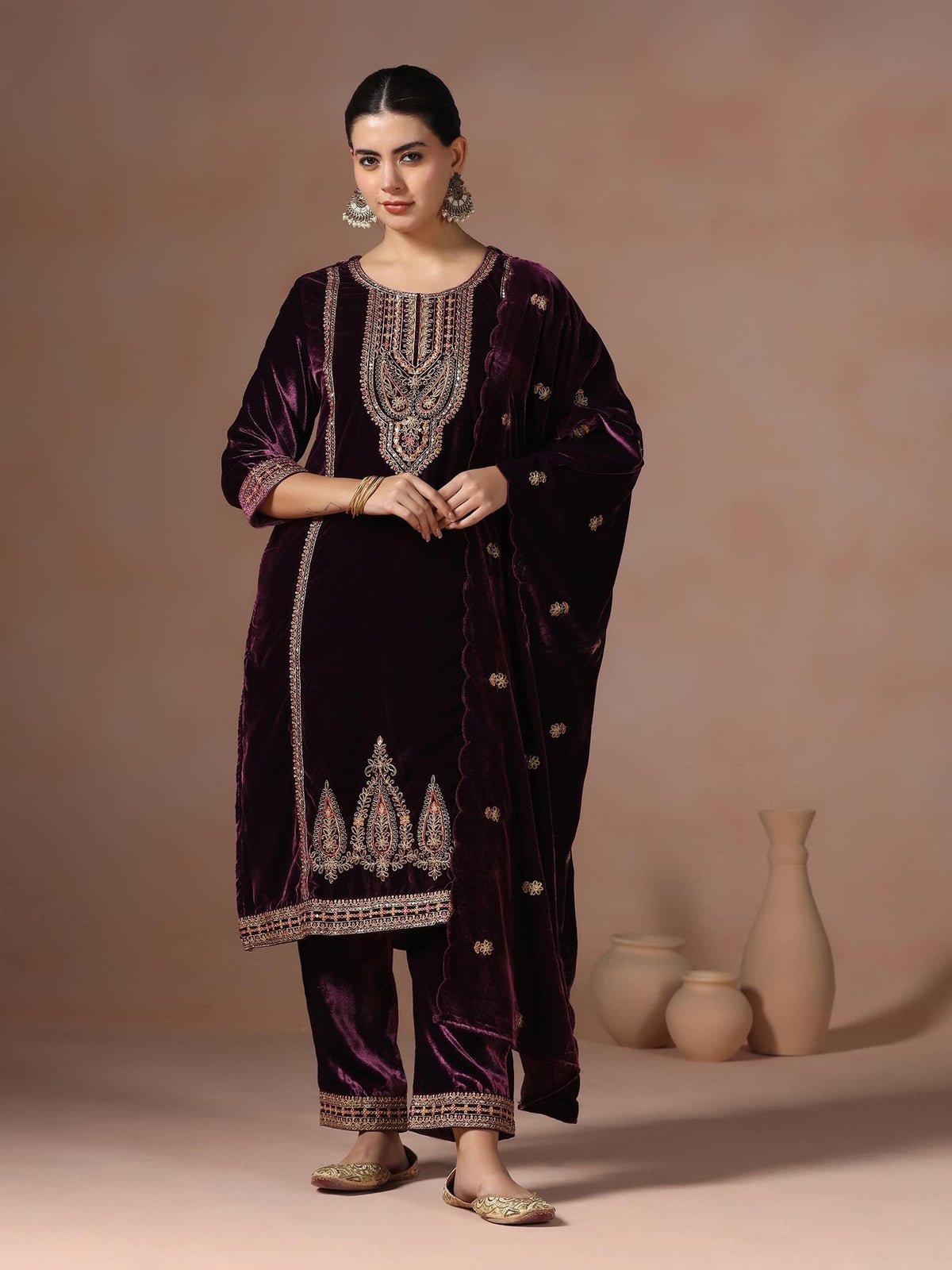Velvet Burgundy Embroidered Kurta With Comfort Pant Dupatta
