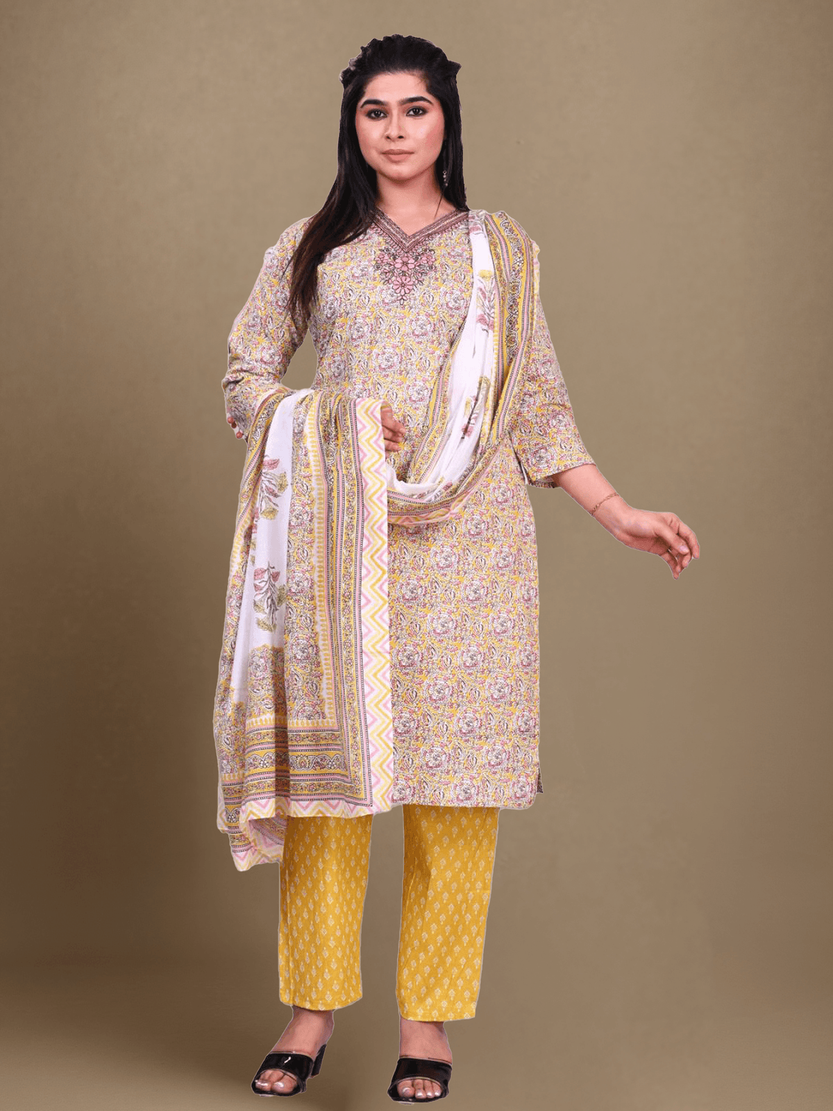 Indiessence Cotton Yellow Embroidered Kurta Comfort Pant Dupatta
