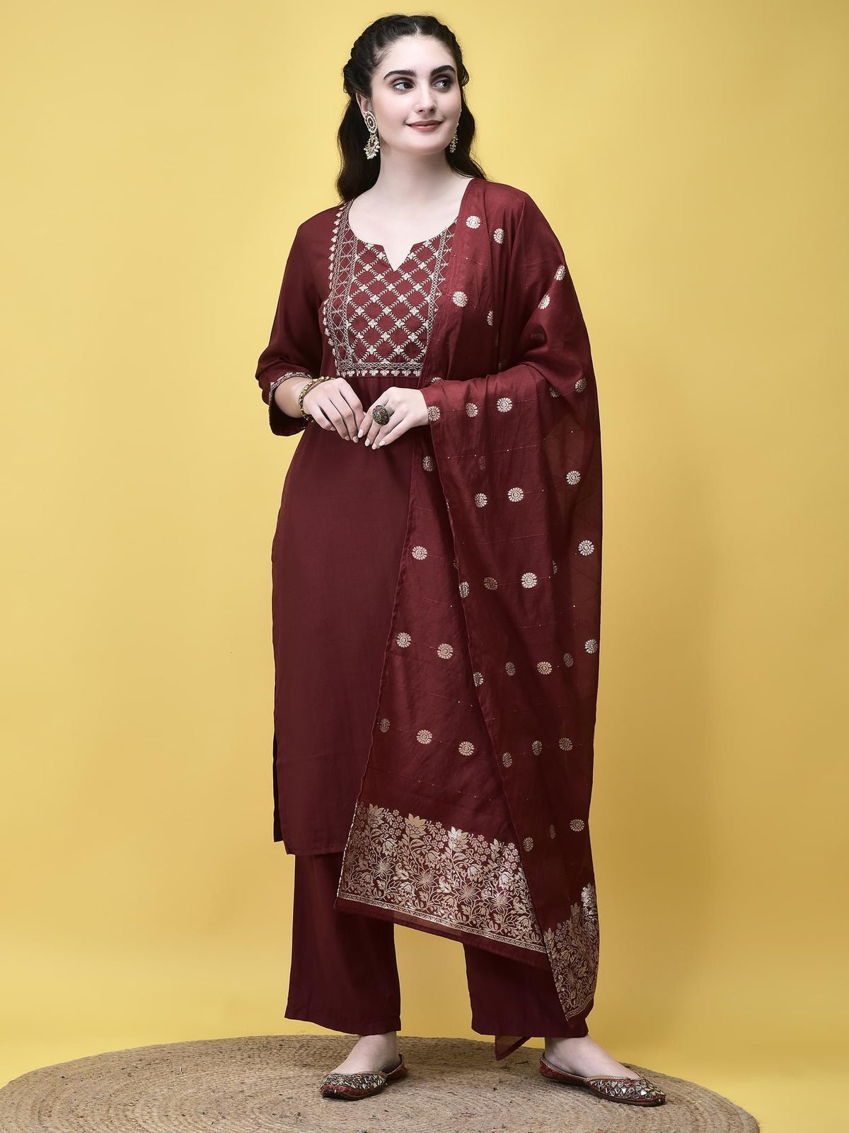 Poly Viscose Maroon Embroidered Kurta Comfort Pant Chanderi Dupatta (Style 20457)