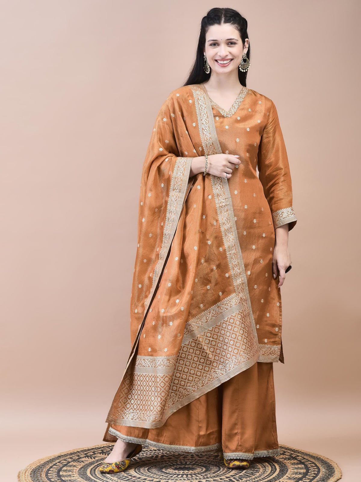 Dola Jacquard Rust Solid Kurta Sharara Dupatta