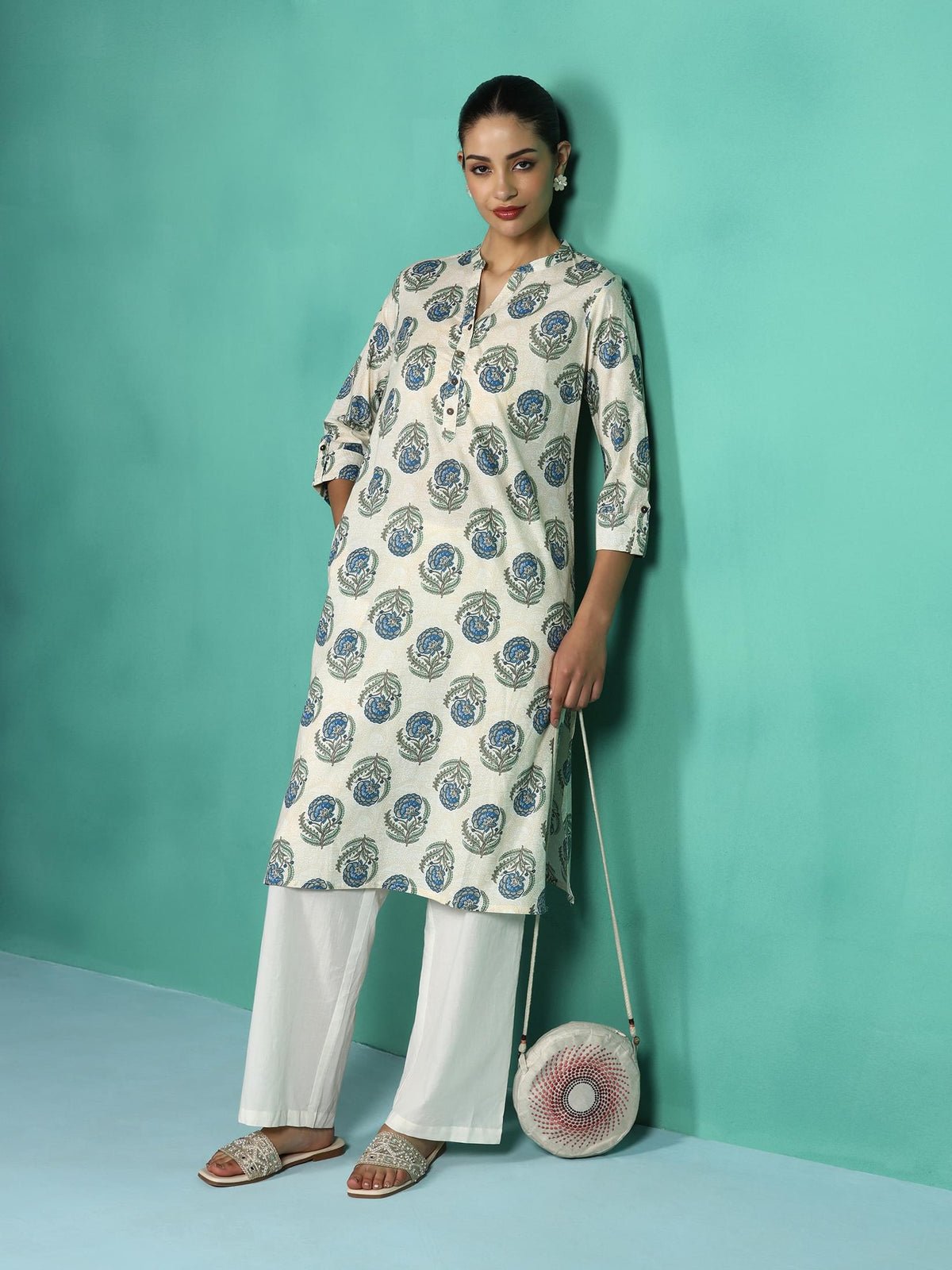 Cotton Off white and Teal Floral Print Kurta