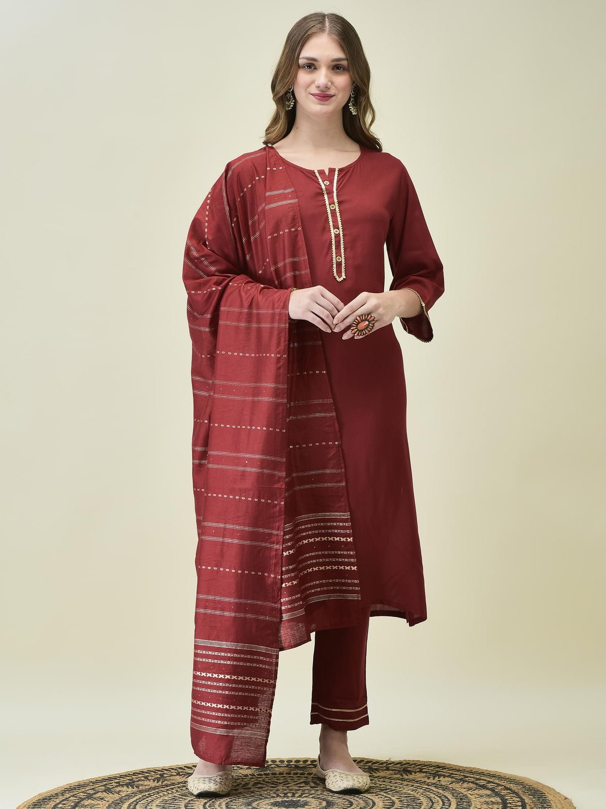Liva Rayon Maroon Solid Kurta Trouser Dupatta