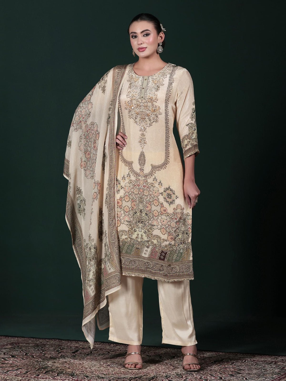 Natural Crepe Beige Printed Kurta Comfort Pant Dupatta