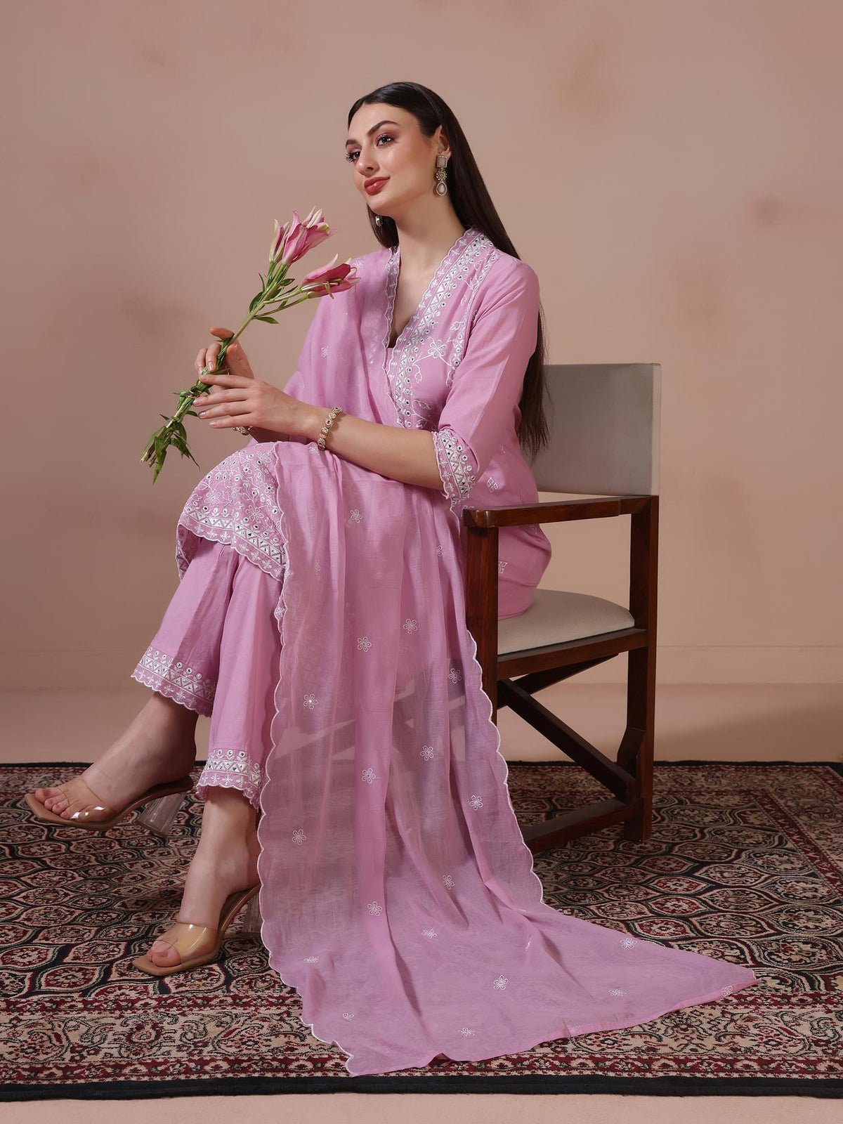 Cotton Lilac Embroidered Kurta Trouser Dupatta