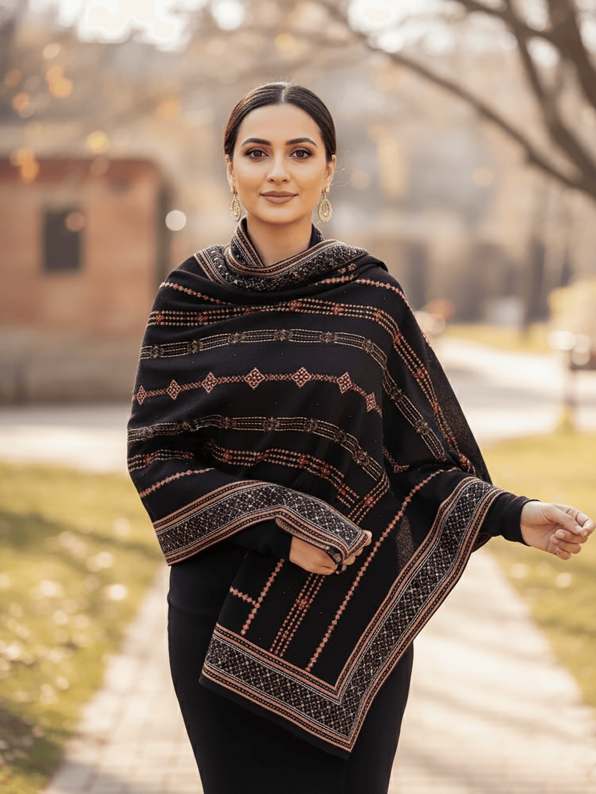 Soft Knitted Warm Black Acrylic Woven Design Shawl
