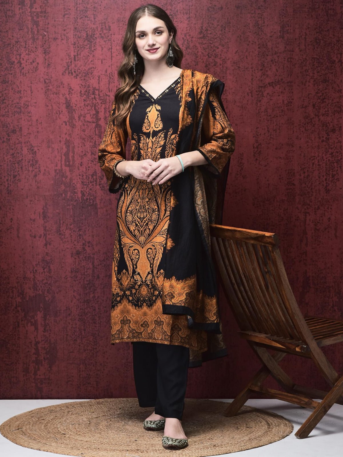 Liva Black Paisley Print Kurta Comfort Pant Dupatta