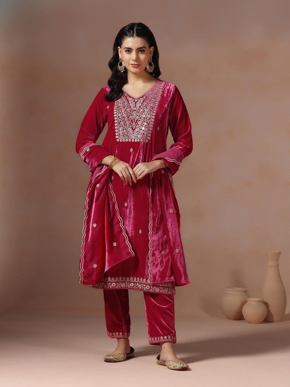 Velvet Pink Embroidered Kurta Comfort Pant Dupatta