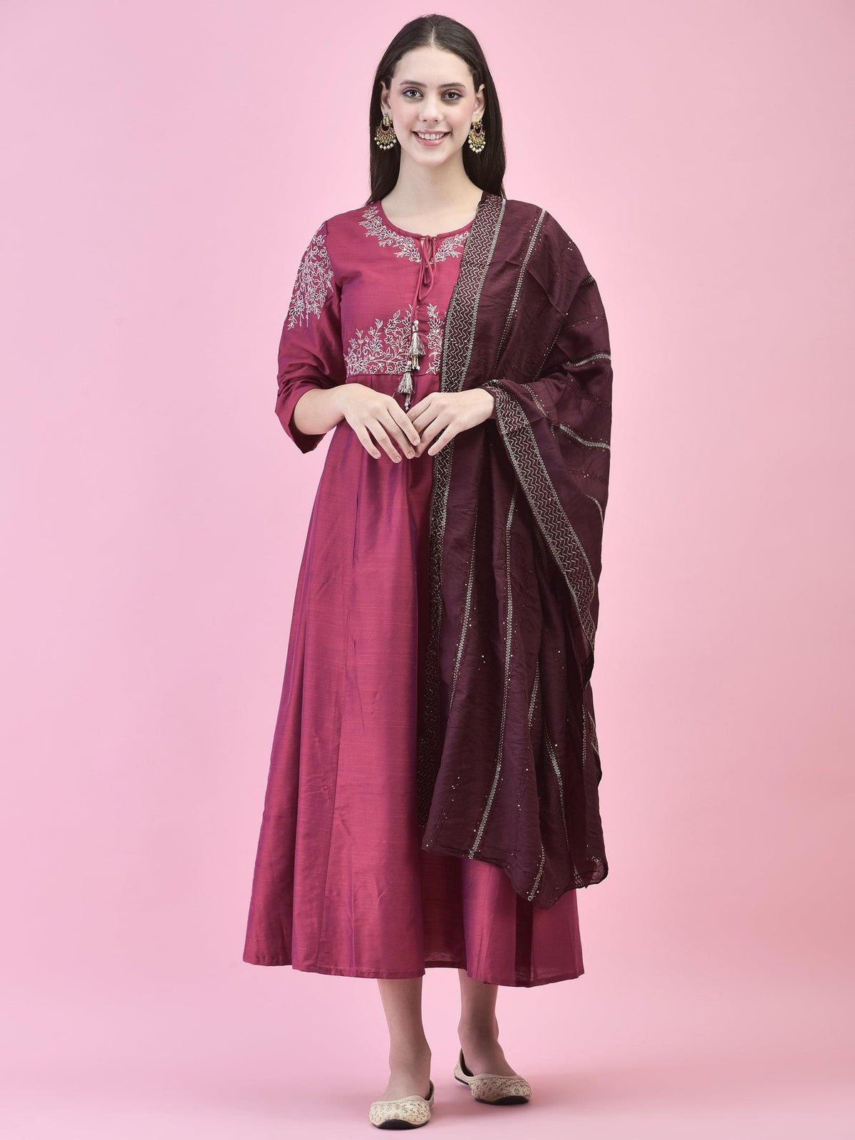 Silk Blend Burgundy Embroidered Dress With Dupatta
