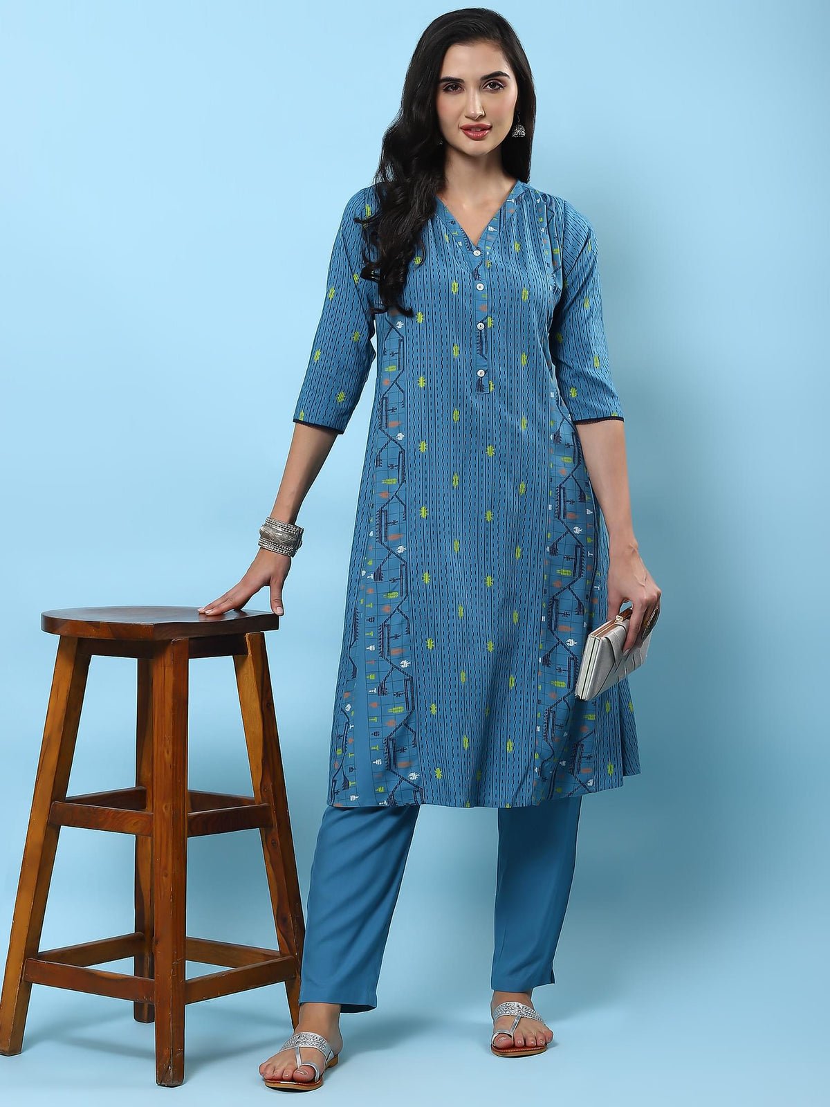 Blue Aztec Printed Kurta With Trouser