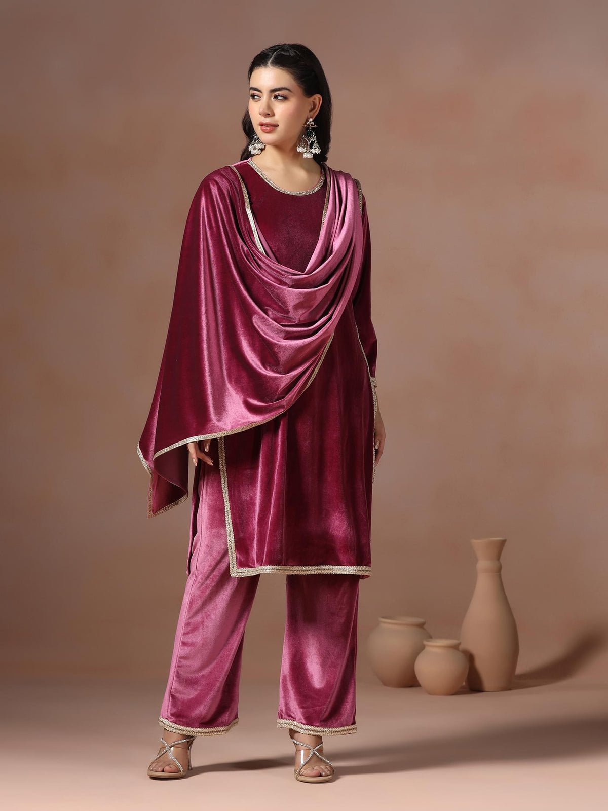 Velvet Wine Solid Kurta Comfort Pant Dupatta