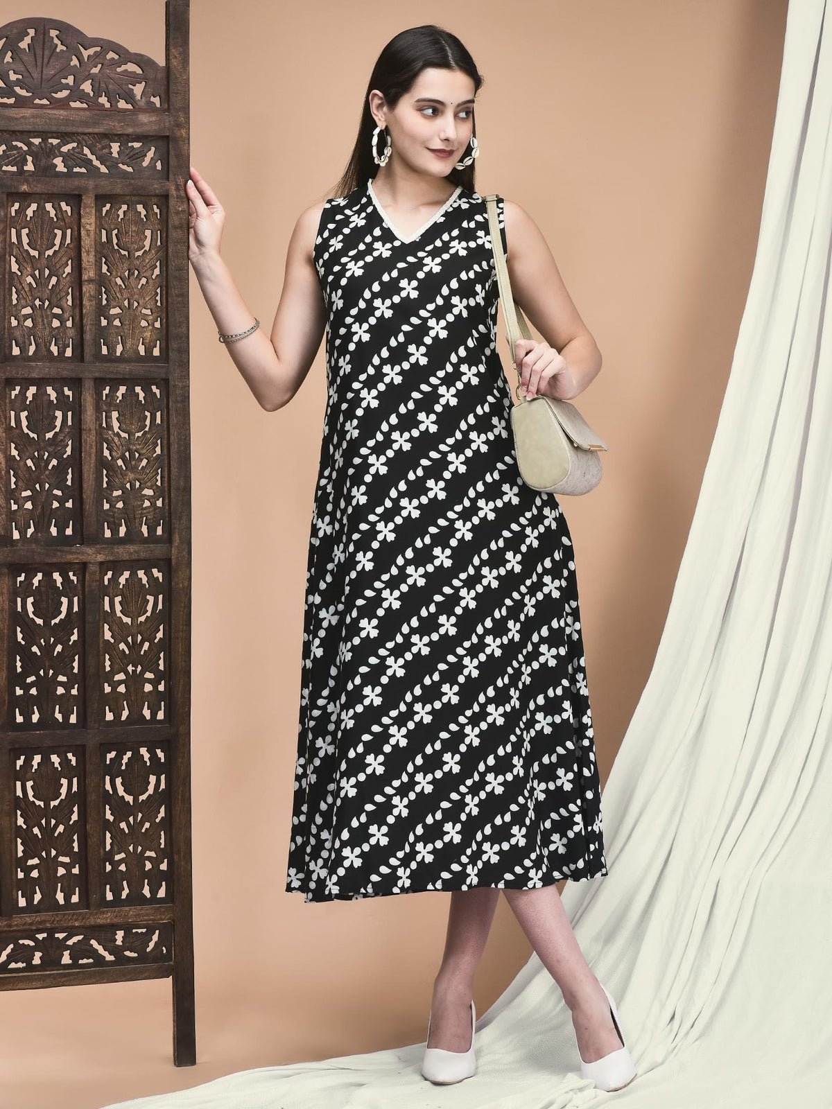 Liva Black and White Printed A-line Dress