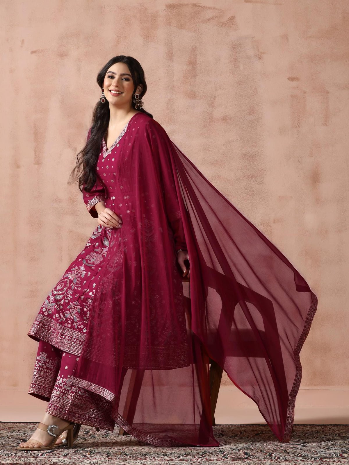 Chanderi Fuchsia Printed Kurta Comfort Pant Dupatta