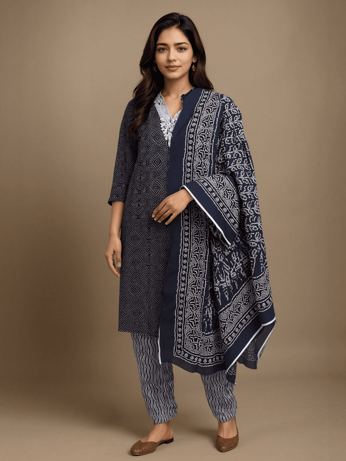Indiessence Cotton Indigo Embroidered Kurta Comfort Pant Dupatta