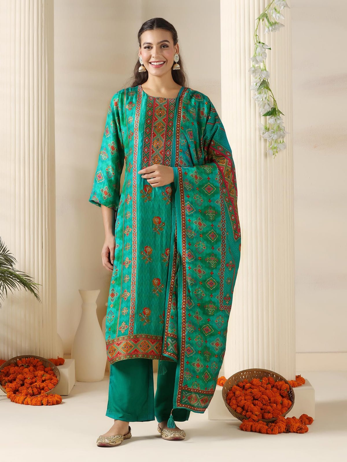 Dola silk Jacquard Turquoise Blue Kurta Comfort Pant Dupatta