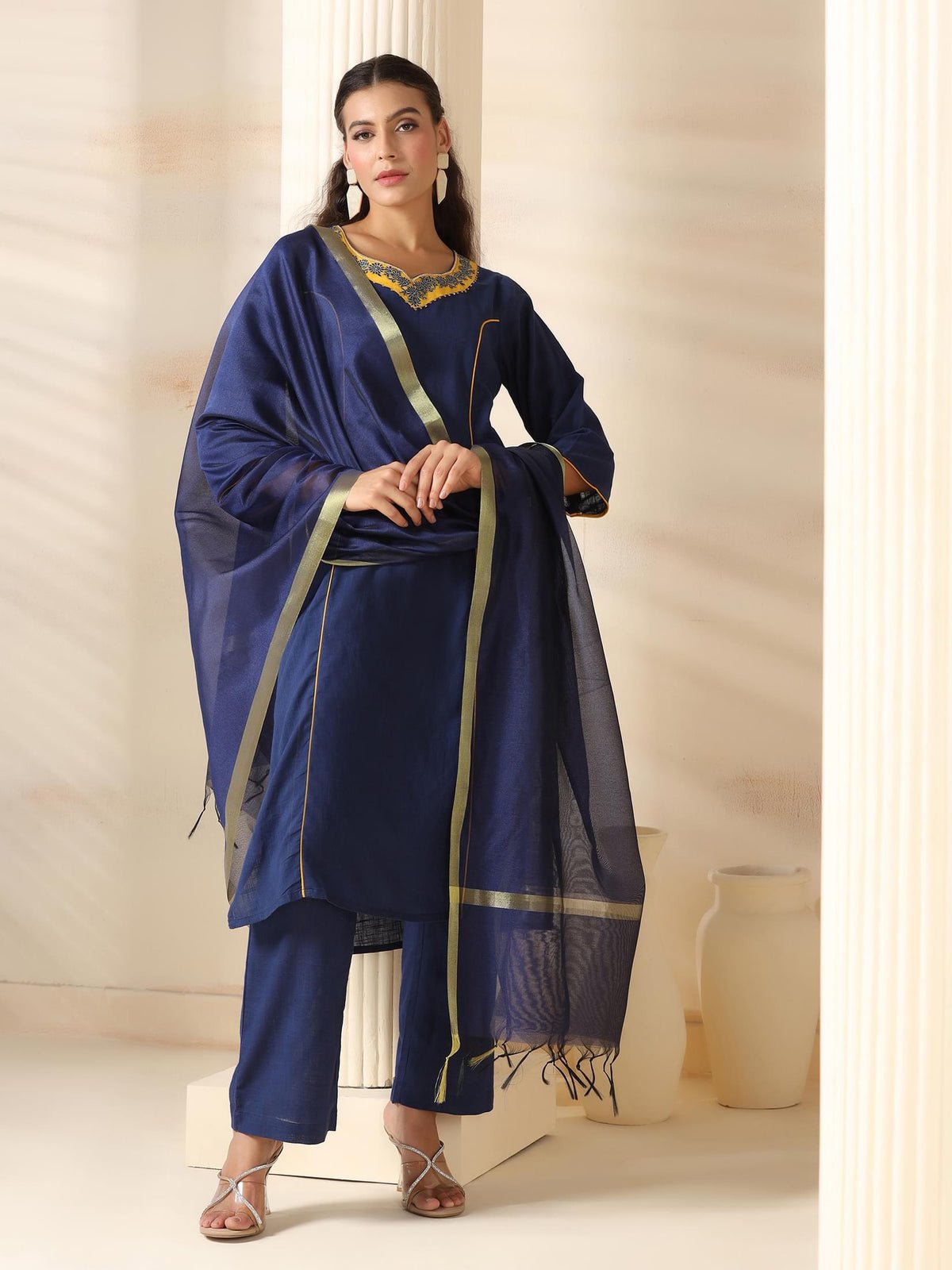 Cotton Navy Blue Solid Kurta Comfort Pant Dupatta (Style 25252)