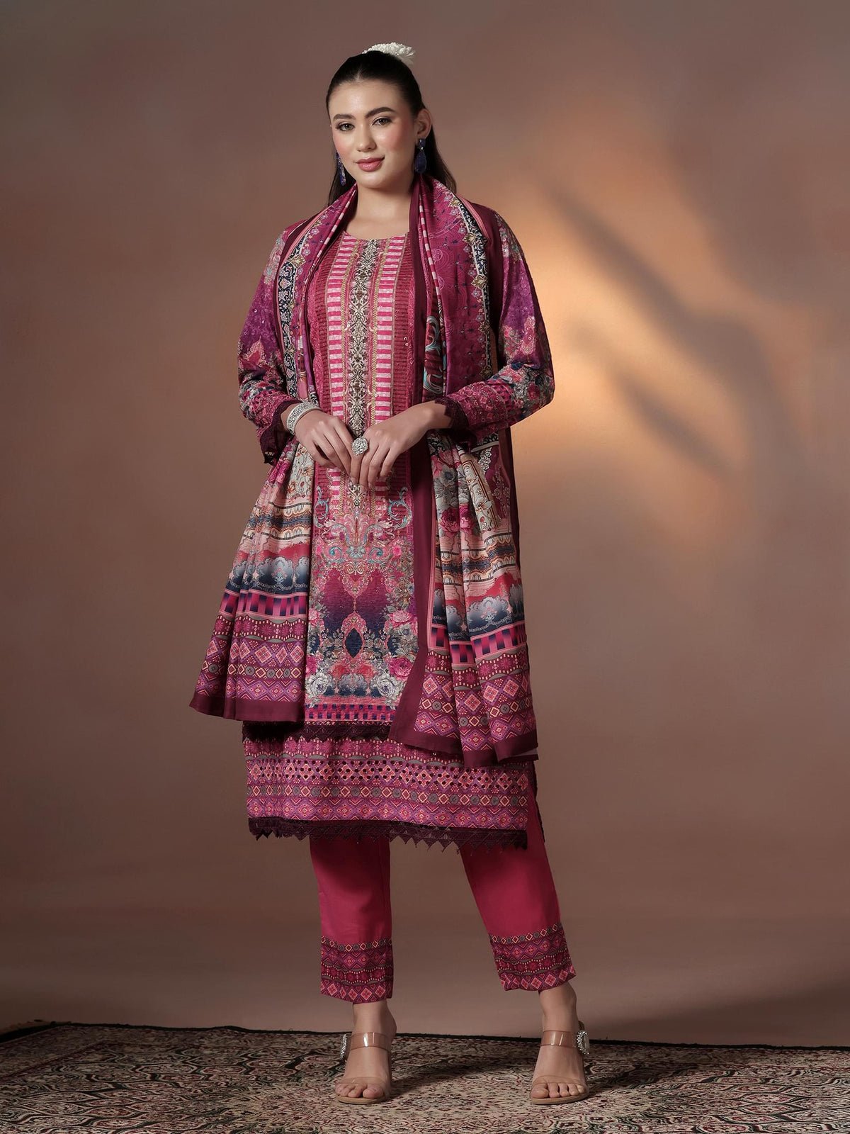 Cotton Maroon Embroidered Kurta Comfort Pant Dupatta
