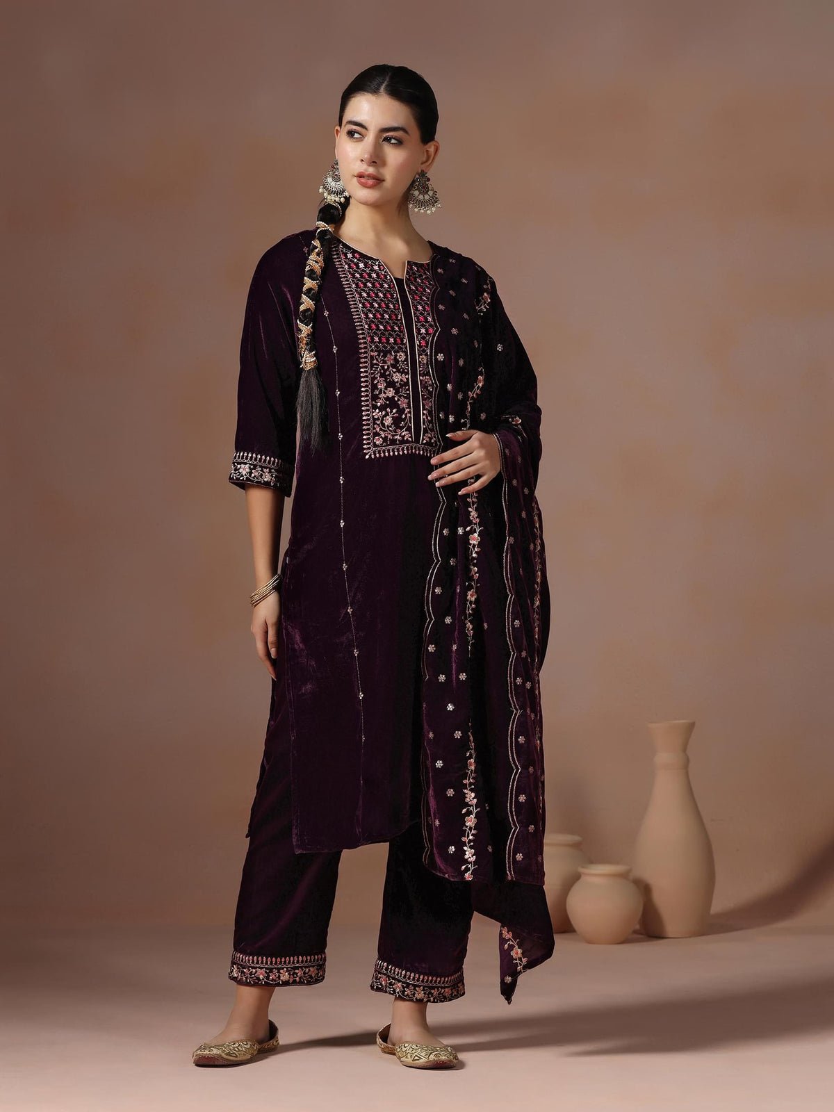 Burgundy Embroidered Velvet Kurta Comfort Pant Dupatta