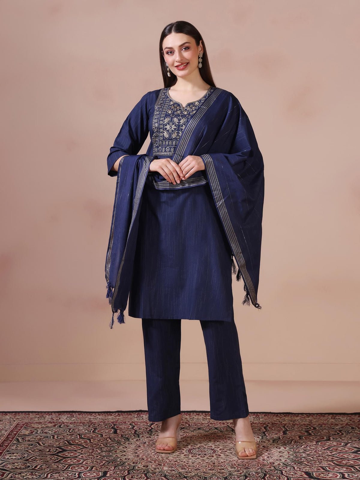 Poly Cotton Navy Blue Embroidered Kurta Comfort Pant Dupatta