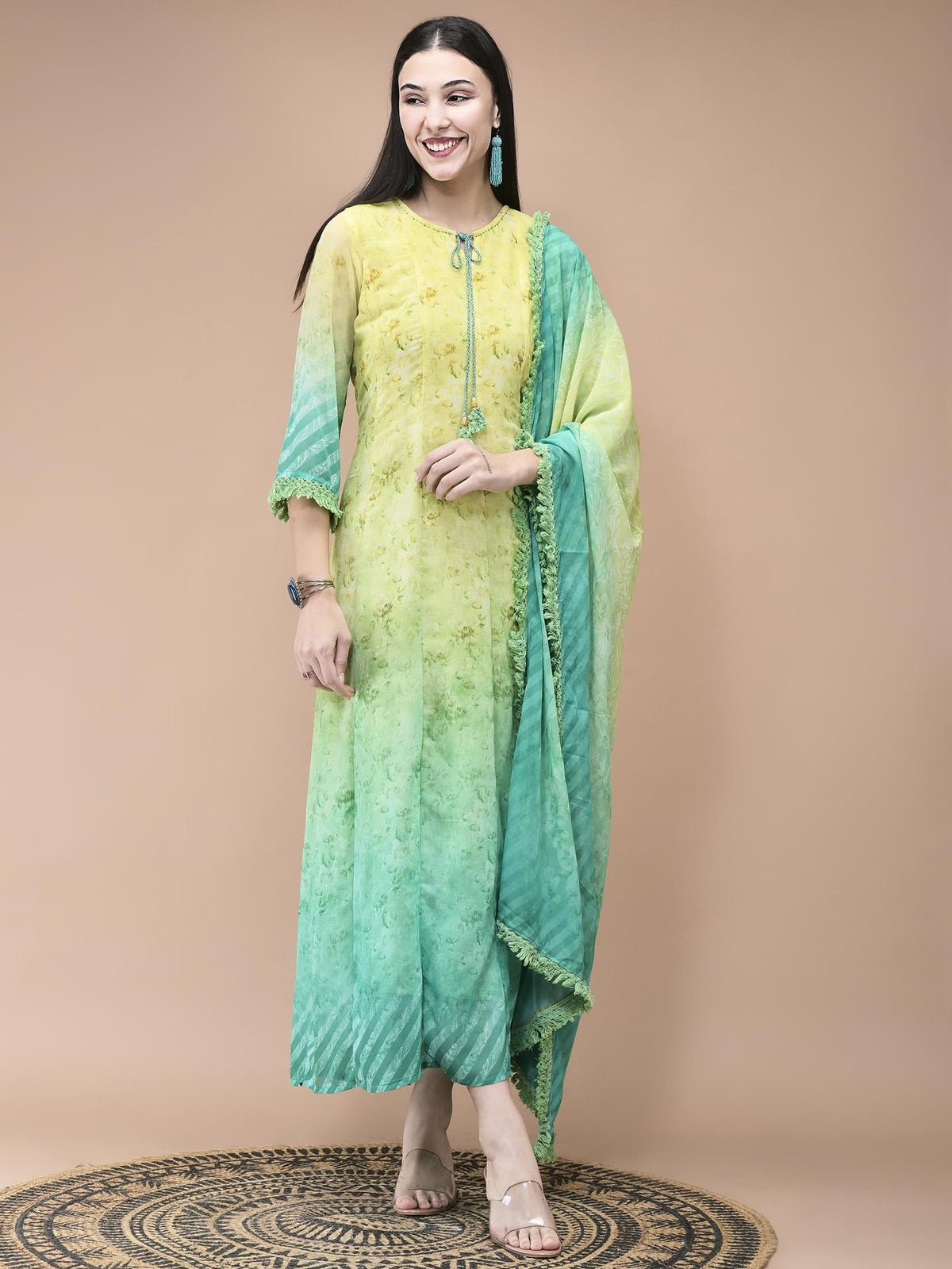 Georgette Lemon green Yellow Floral Print Dress With Dupatta