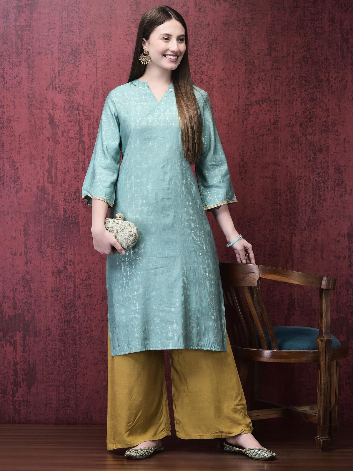 Liva Turquoise Blue Foil Print Kurta