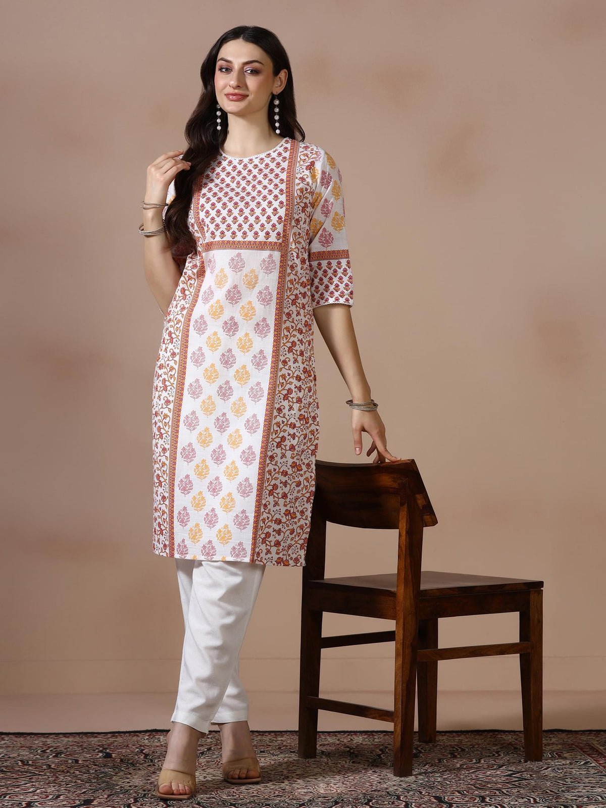 Cotton Slub White Pink Printed Kurta