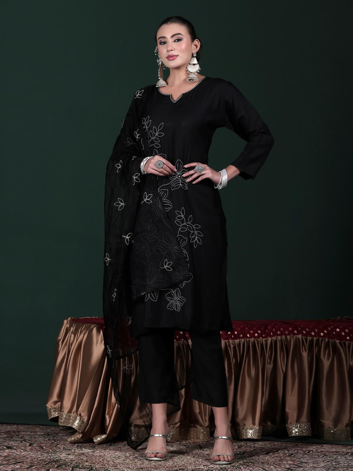 Poly Viscose Black Embroidered Kurta Comfort Pant Dupatta