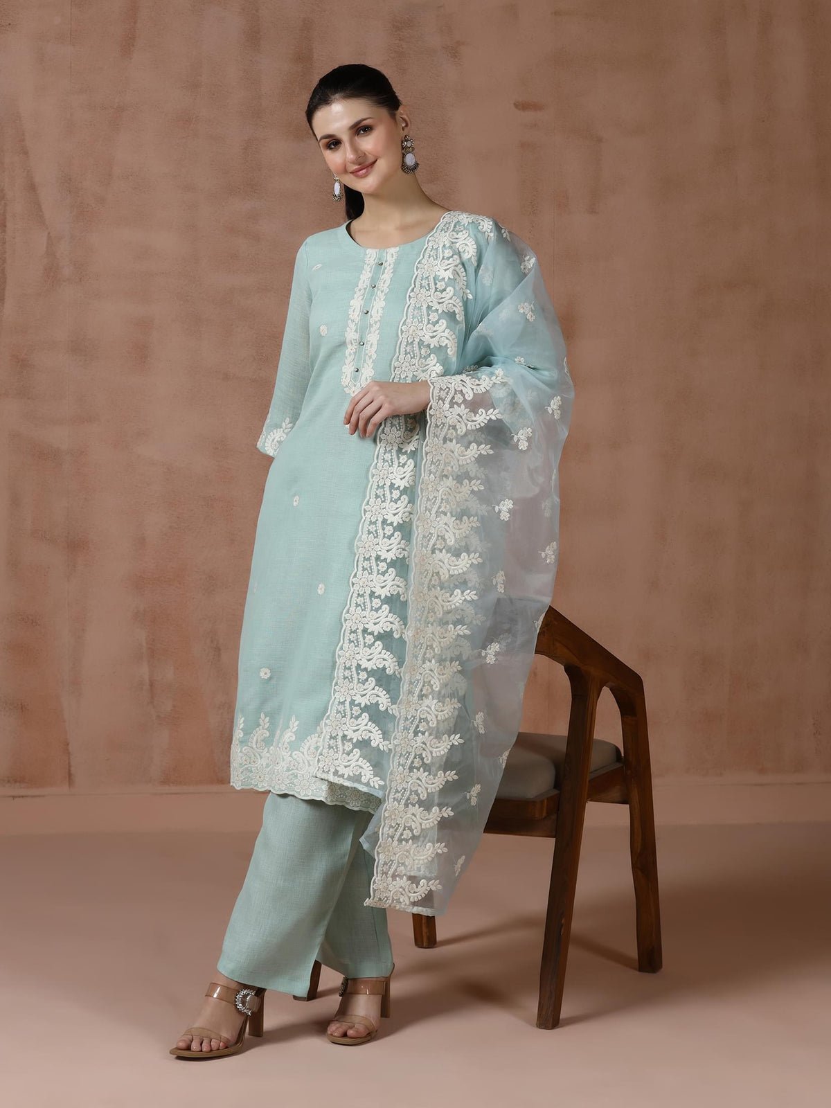 Linen Aqua Solid embroidered Kurta Comfort Pant Dupatta