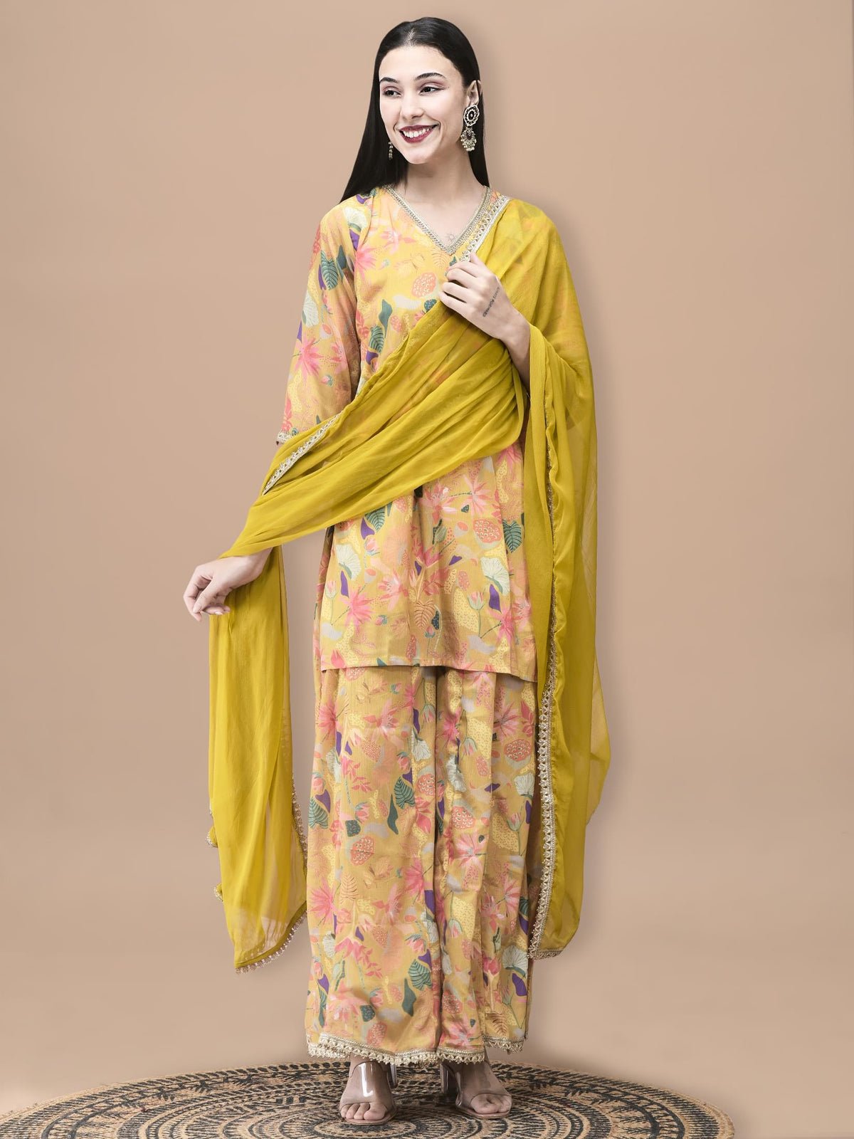 Chinon Mustard Floral Print Kurta Split Pant Dupatta