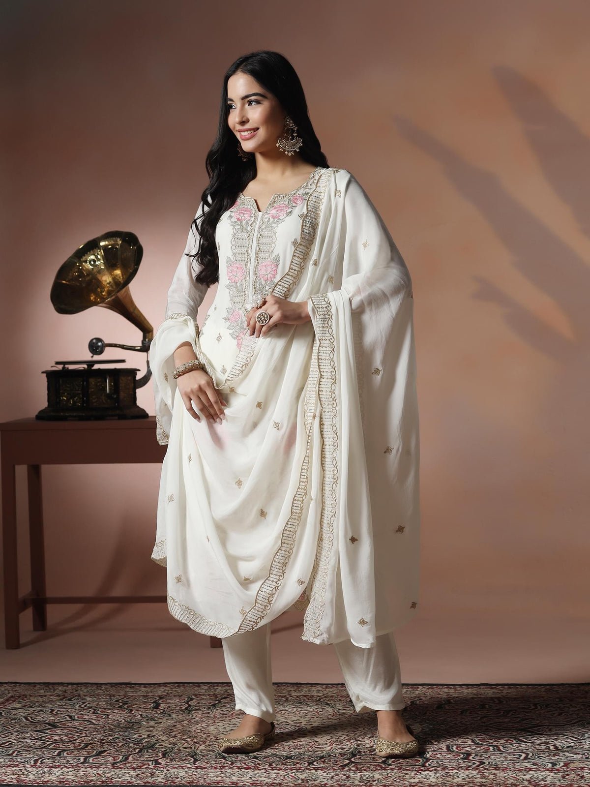 Viscose Organza White Embroidered Kurta Comfort Pant Dupatta