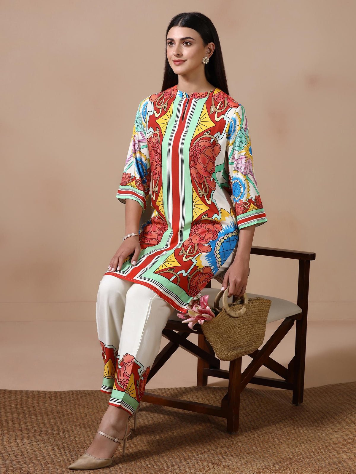 Multicolor Liva Printed Kurta With Comfort Pant