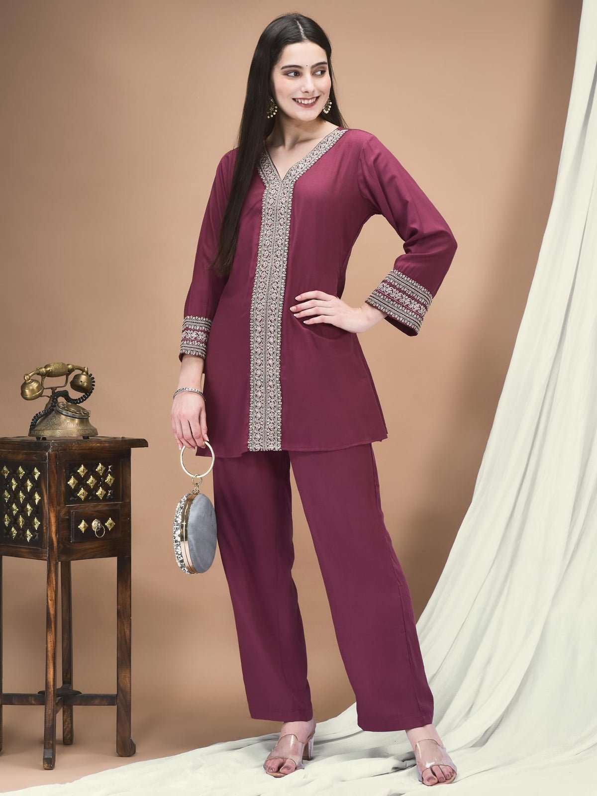 Poly Viscose Purple Embroidered Co-Ord Set