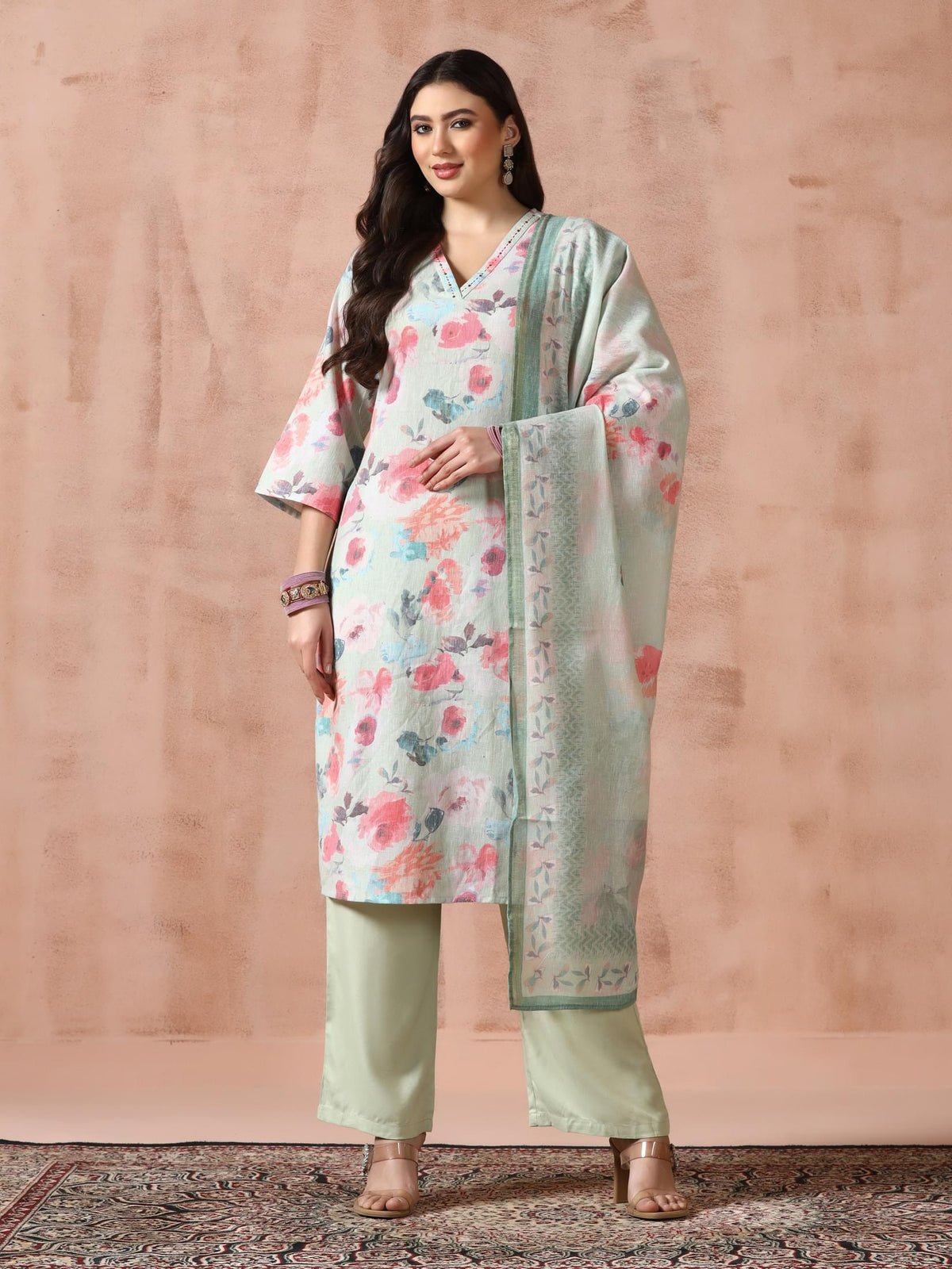 Linen Green Floral Print Kurta Comfort Pant Dupatta (Style 21051)