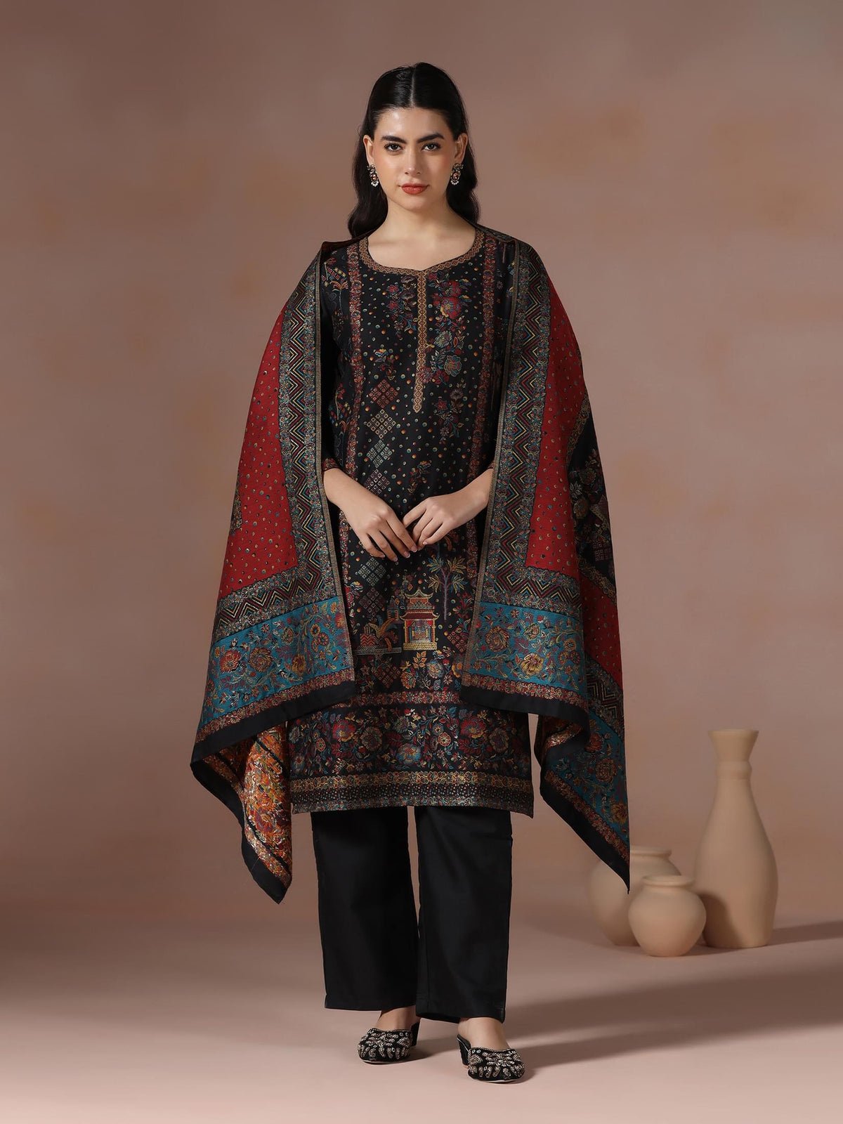 Jacquard Black Woven Kurta Comfort Pant Dupatta