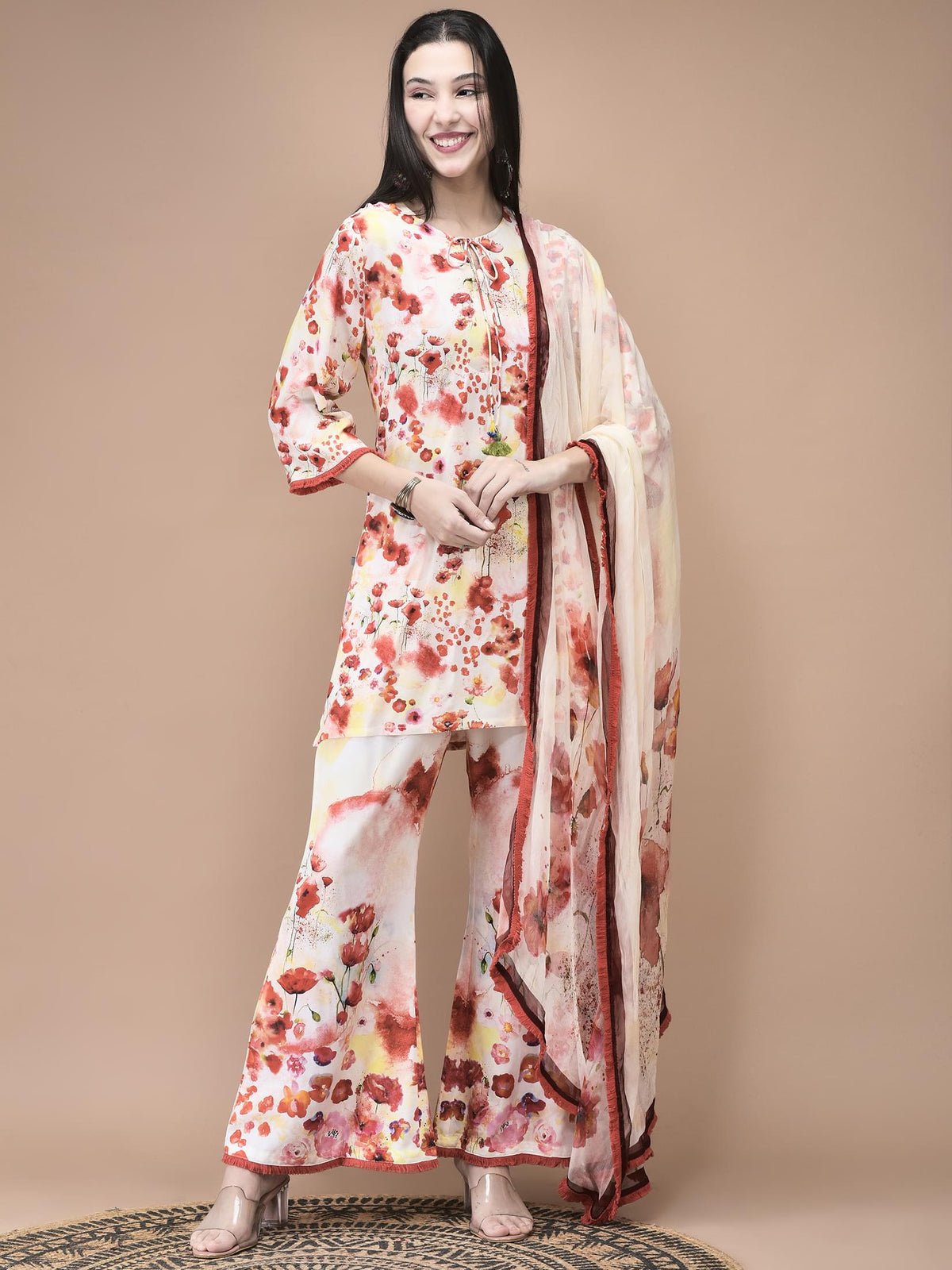 Liva Red and Lemon yellow Floral Print Kurta Bell Bottom pant Dupatta