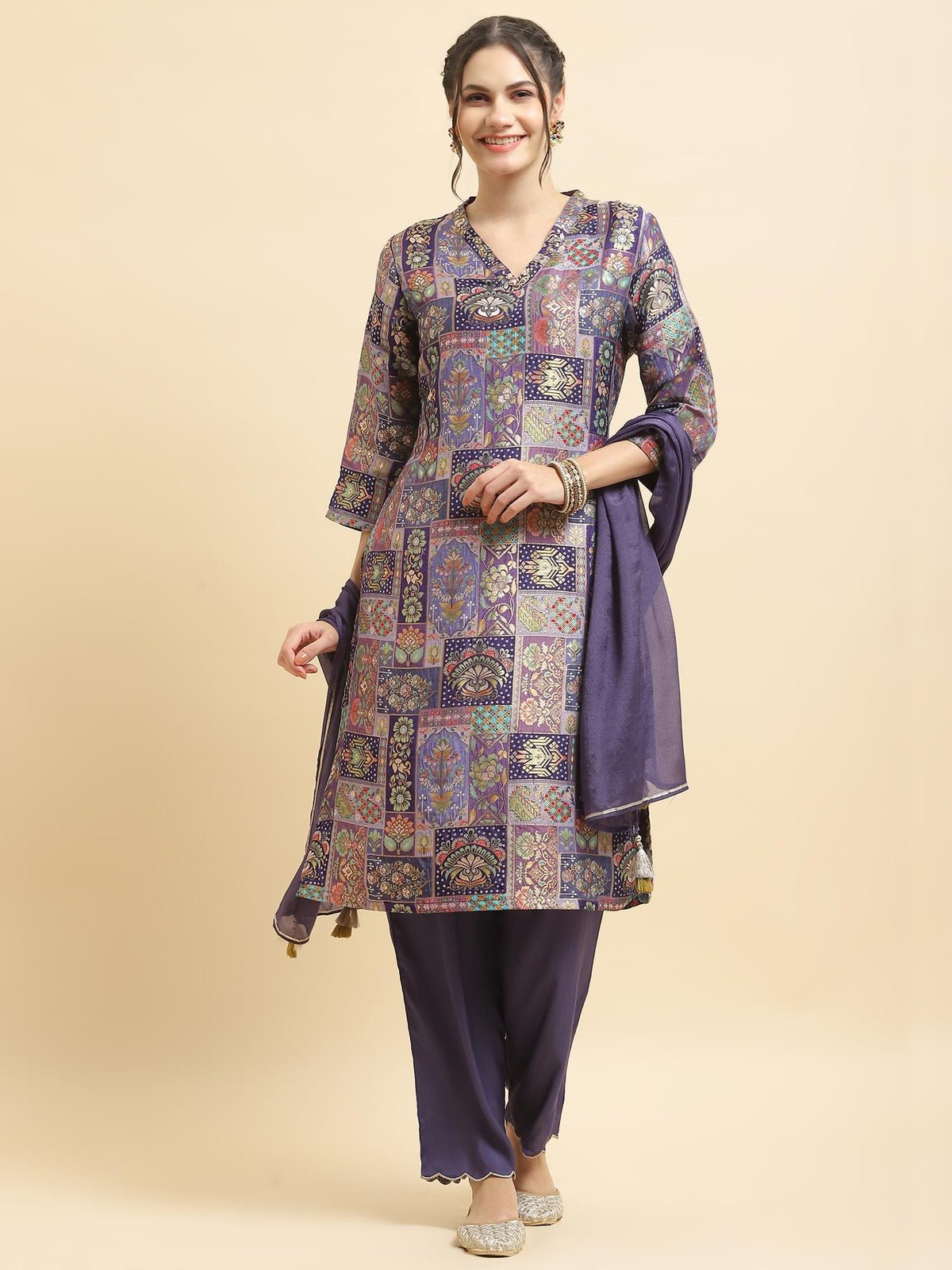 Jacquard Purple Ornamental Print Kurta Comfort Pant Dupatta