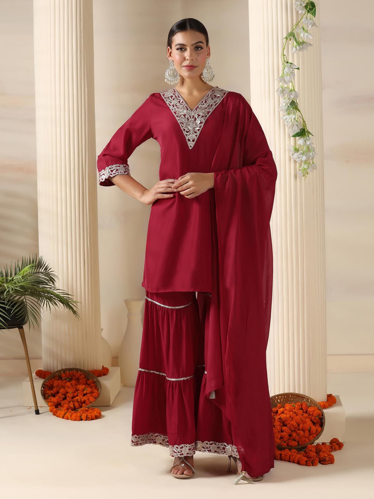 Poly Viscose Red Solid Kurta Sharara Dupatta